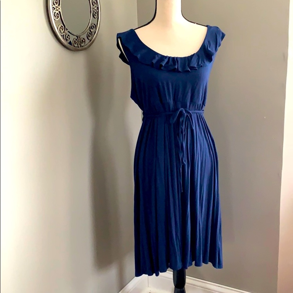 Navy tie waist dress with ruffle neckline